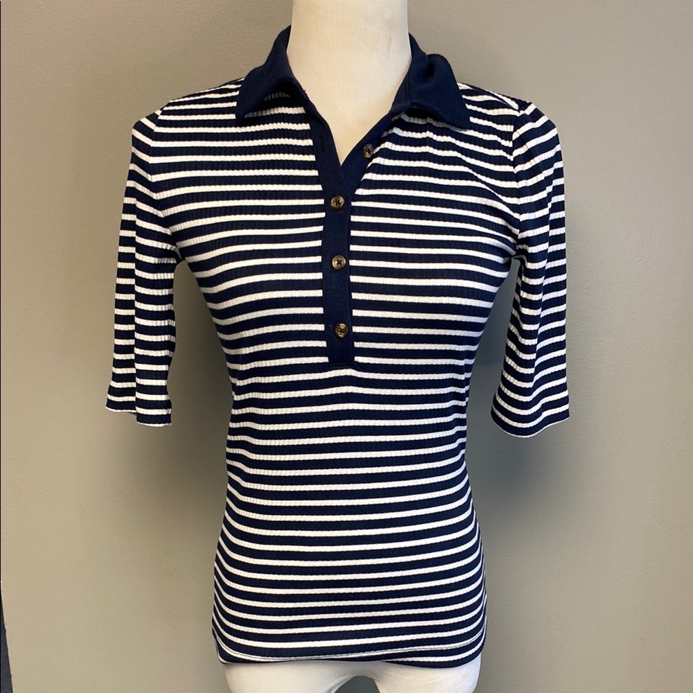 LOFT Black and White 3/4 Sleeve Fitted Polo Shirt